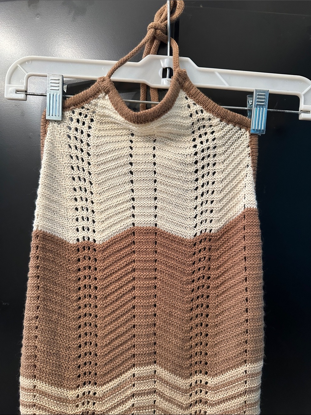 Embroidery Maxi Dress Tan and Cream Knit Halter Beautiful for the Beach ποΈ XS - Picture 3 of 7